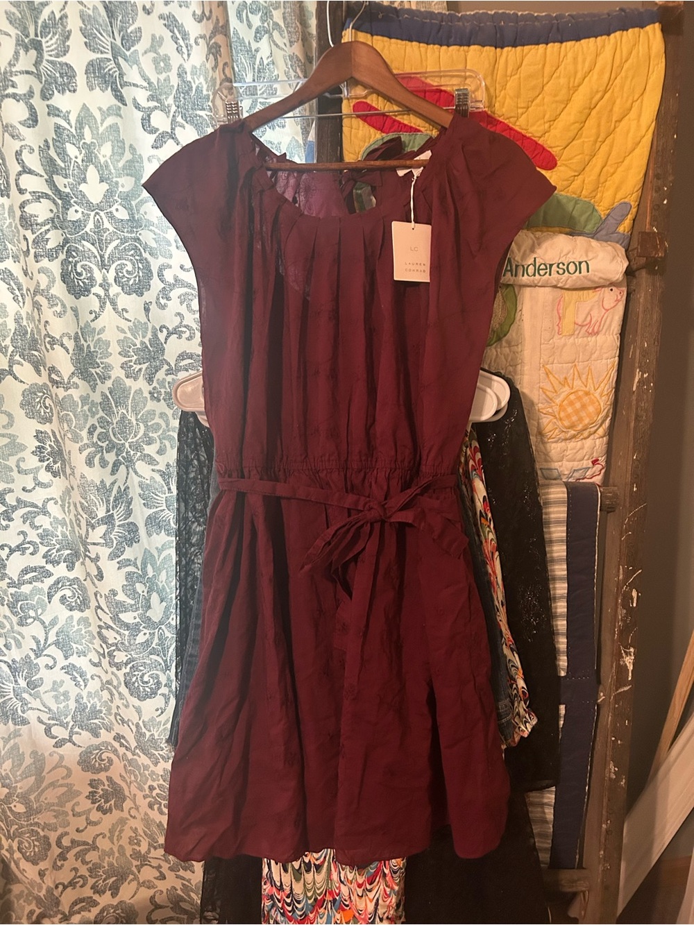 LC Lauren Conrad Wine-Red Cap Sleeve Tie-Waist Dress